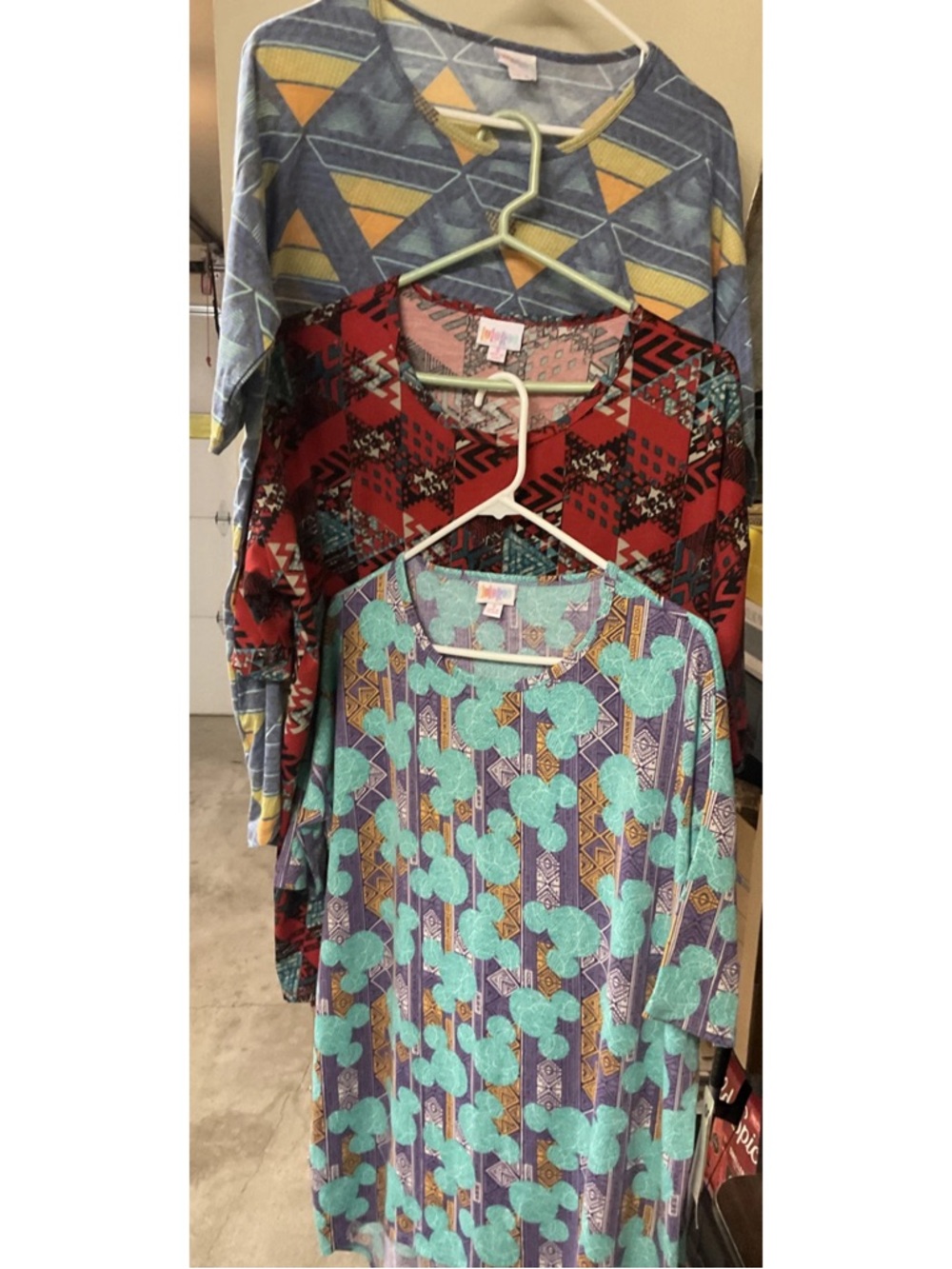 Lot of 3 LuLaRoe IRMA Teal, Purple & Red Patterned Tunic Set w/Disney Top S NWTs